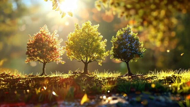 Three Trees in the Golden Hour: A serene and tranquil landscape showcasing three trees in vibrant autumnal hues, bathed in the warm glow of the setting sun. The image evokes a sense of peace and tranq