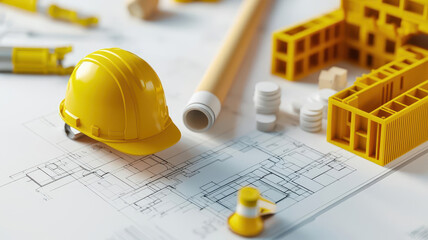 Construction project blueprint, precise material details, flawless execution, 3D illustration