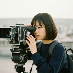 ビンテージフィルムカメラで撮影する女性