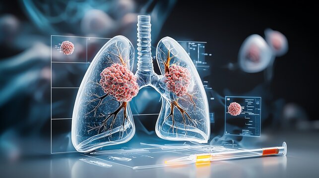 3D illustration of lungs with cancerous tumors and a syringe, representing lung cancer research.