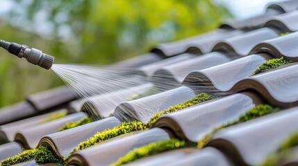 Close-up of pressure washing being used to remove moss from a tiled roof, showcasing roof maintenance and cleaning techniques.