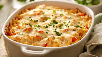Delicious Cheesy Fajita Chicken Casserole, Combining Tender Chicken with Flavorful Fajita Seasonings, Melted Cheese, and Colorful Vegetables. 