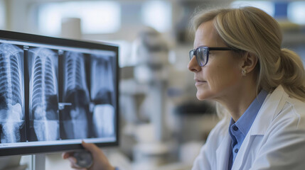 Female Radiologist Analyzing Chest X-Ray on Computer Screen in Medical Office
