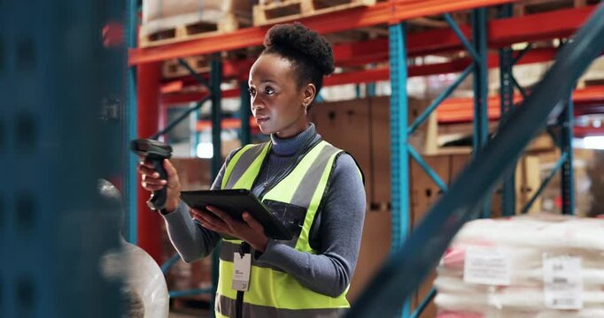 Scanner, black woman or operator on tablet for inspection, warehouse distribution or cargo shipping. Factory delivery, check or logistics worker on touchscreen for courier inventory or digital order