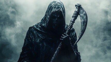 Obraz premium Grim reaper with a menacing scythe, wearing a dark hood, Halloween party mask collection, hyper-realistic, cinematic lighting, isolated on white background