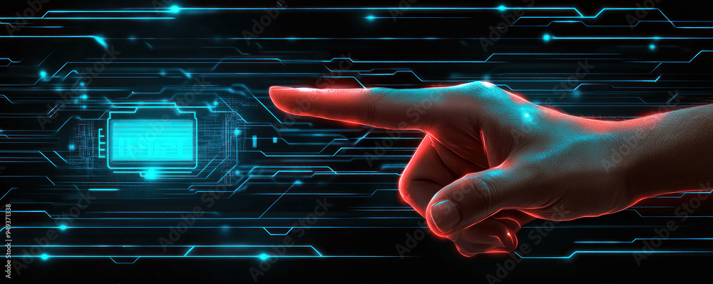 Poster a hand pointing at a computer screen. concept of technology and the importance of computers in our d