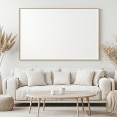 Modern Living Room Interior Design with White Sofa  Wooden Coffee Table  and Empty Frame Mockup
