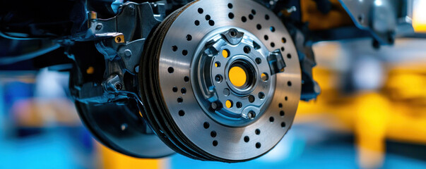 A wheel is suspended in midair with a yellow background. The wheel is a part of a car and is being worked on