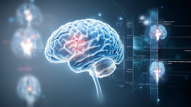 3D illustration of human brain with highlighted parts, representing its complex structure.