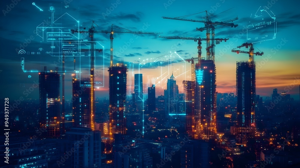 Poster iot powered monitoring devices tracking the real time progress of skyscraper construction project so