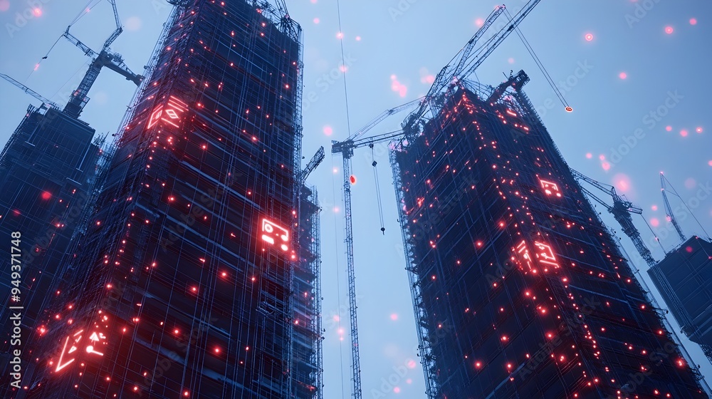 Poster cutting edge iot sensors and monitoring devices tracking the real time progress of skyscraper constr