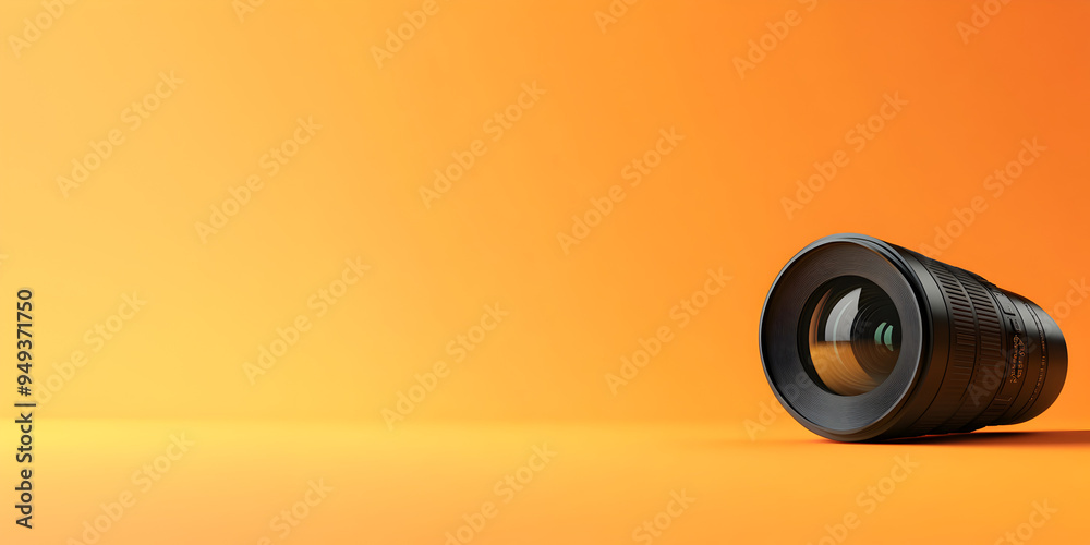 Wall mural camera lens icon web banner. camera lens icon isolated on orange background with space for text.