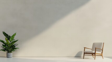 Modern Interior Design with White Wall  Wooden Chair and Green Plant
