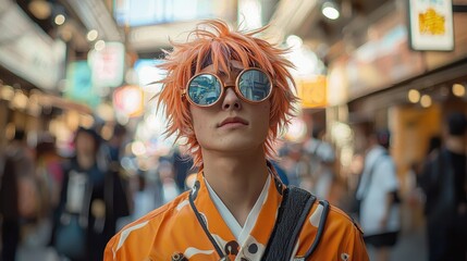 Stylish Young Man in Orange Outfit with Round Sunglasses in Urban Setting