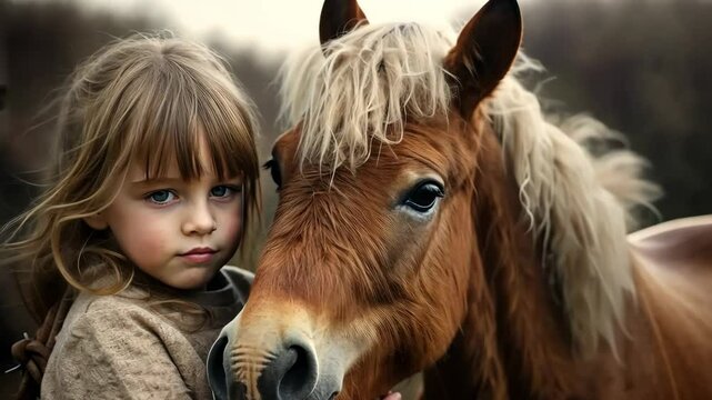 A young child lovingly hugs a pony in a peaceful outdoor setting during autumn