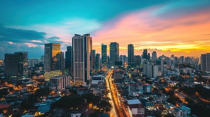 Dynamic City Angle View Capturing the Urban Landscape from a Unique Perspective. The Image Showcases Skyscrapers, Streets, and Buildings, 