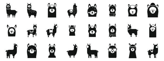 Alpaca icons set. Big set of funny llama wearing different clothes and accessories icons set simple style © anatolir