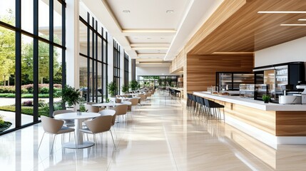Modern interior of a bright, stylish cafe featuring elegant furniture and large windows for natural light.
