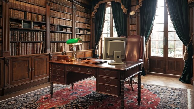An old desk with an old computer on it.