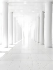 A long, white hallway with columns leading to a bright light at the end. A minimalist design with a modern feel.
