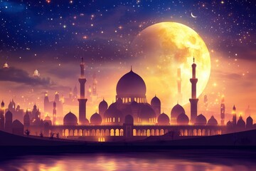 Realistic Ramadan Glow Mosque Moon and Bokeh islamic ramadan eid mubarak kareem mosque background islamic mosque illustration with generative ai