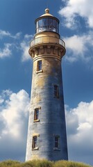 A tall, weathered lighthouse stands tall against a blue sky with fluffy white clouds. The lighthouse is painted a faded blue and yellow, with a lantern room at the top.