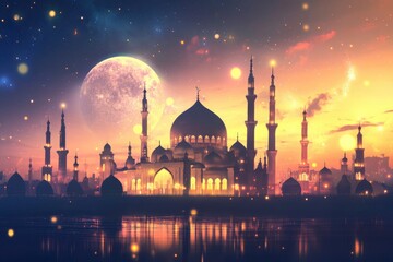 Fototapeta premium Realistic Ramadan Glow Mosque Moon and Bokeh islamic ramadan eid mubarak kareem mosque background islamic mosque illustration with generative ai