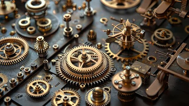Intricate Gears of Industry: A mesmerizing close-up of a complex system of interlocking gears and cogs, evoking a sense of power, precision, and the intricate workings of industrial machinery.  