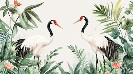 Fototapeta premium Elegant cranes in a lush tropical setting surrounded by vibrant foliage and colorful flowers under soft natural light