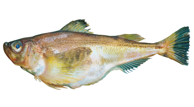 おいしそうなお腹がパンパンに抱卵した雌ハタハタの白抜き魚体（リアルタッチ・レタッチ切り抜きイラスト）