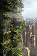 Obraz premium Vertical farm integrated into a cityscape, with plants growing on the sides of buildings. The concept blends urban life with nature, Generative AI