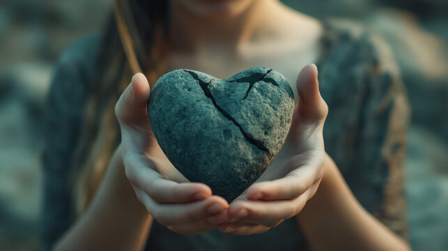 una mujer sosteniendo un corazon de piedra roto y unido por la fe y confianza sentimientos y emociones simbolo de confianza y unidad