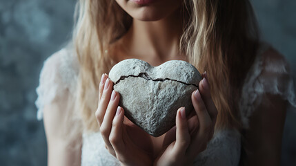 una mujer con un corazon roto de piedra unido o pegado de nuevo sentimientos emocionales de fe y confianza separacion o ruptura emocional