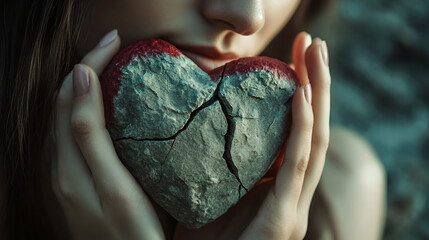 Fototapeta premium mujer sosteniendo un roto corazon de piedra unido de nuevo y pegado por la fe y confianza amor corazon roto y tristeza sentimientos y emociones