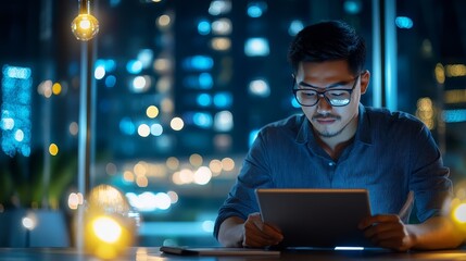 Man using tablet in cafe at night with bokeh lights