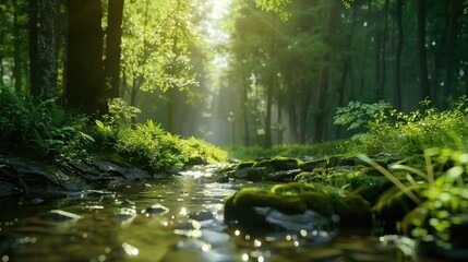 Obraz premium Serene forest landscape with a babbling brook for a soothing atmosphere.