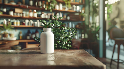 A white bottle sits on a wooden table in a cafe setting, with a plant in the background. The bottle is in focus, while the cafe is blurred.