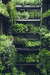 Vertical farm specializing in exotic herbs. The plants are stacked high, thriving in the controlled environment, Generative AI