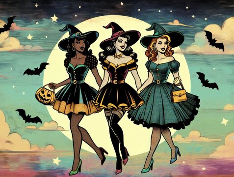 Retro-style Halloween illustration featuring three glamorous witches in fashionable dresses and hats, walking under a full moon with bats in the sky.