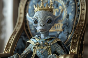 Fototapeta premium Cute stereo-typical grey alien wearing royal attire with a crown, sitting on a throne, castle details in the background, 3D render, created by ai