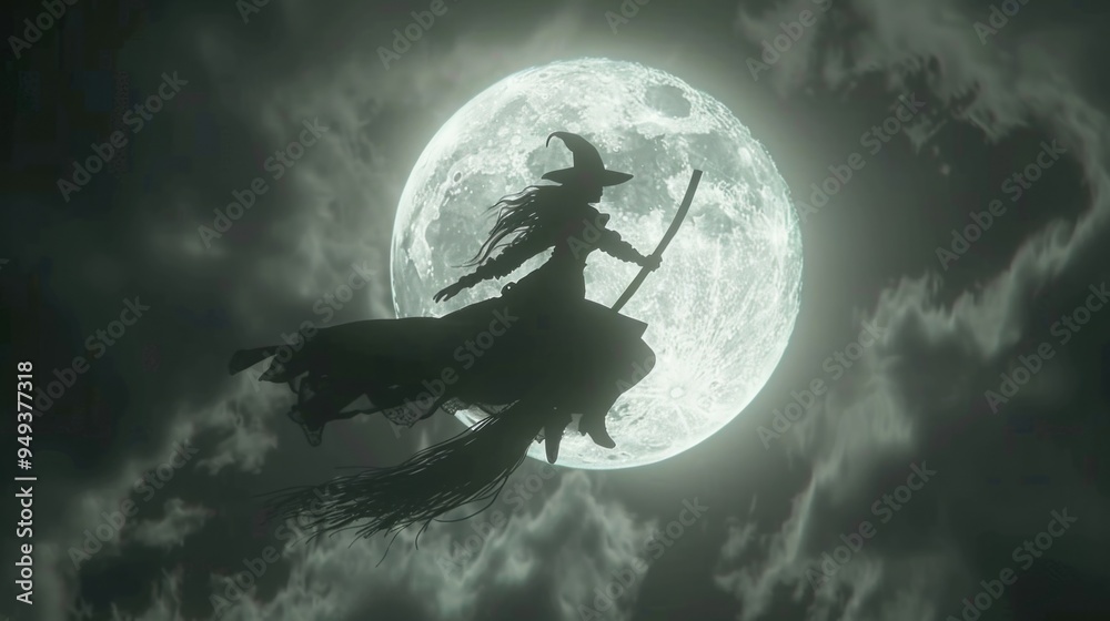 Wall mural witch on a broomstick flying against a dark sky with a huge green moon. perfect for halloween themes