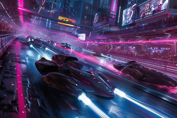 Energetic 3D render of a futuristic race with high-speed hovercrafts, neon trails, and a cheering crowd, created by ai