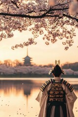 Woman in Traditional Japanese Armor with Cherry Blossoms and Pagoda at Sunset
