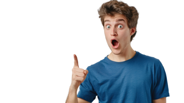 Young surprised man pointing right with his finger isolated on white background