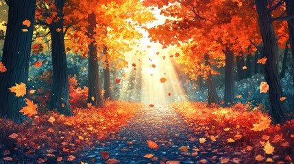 Scenic Autumn Forest Path with Falling Leaves and Sunlight Rays