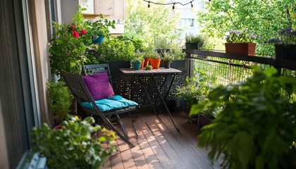 A chic urban balcony with a bistro set, planters, string lights, and vertical gardens 1. Generative AI