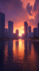 Fototapeta premium Sunset Reflection Over Cityscape With Waterway