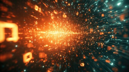 Abstract Digital Data Visualization with Glowing Orange Numbers and Fast Motion Effect