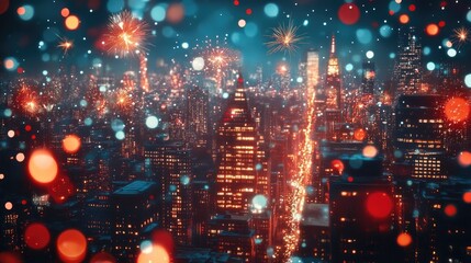 Vibrant Night Cityscape with Fireworks and Festive Lights Capturing Urban Celebration