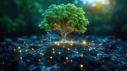 Glowing Tree with Network Connections on Forest Ground Representing Technology and Nature Integration